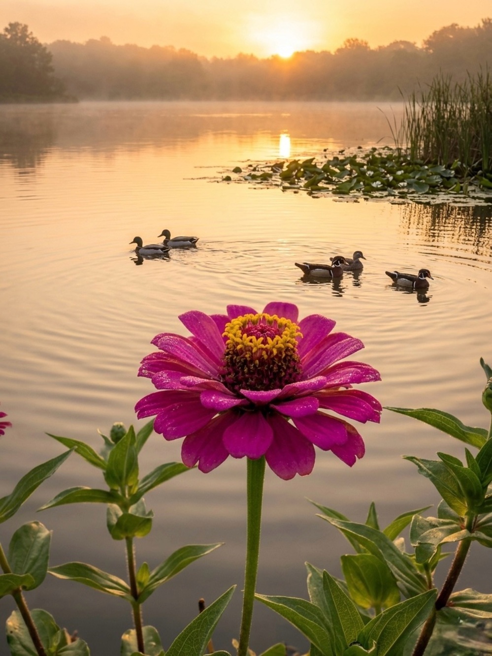 Sunrise Magenta Zinnia Lake Photography Print - Unbranded